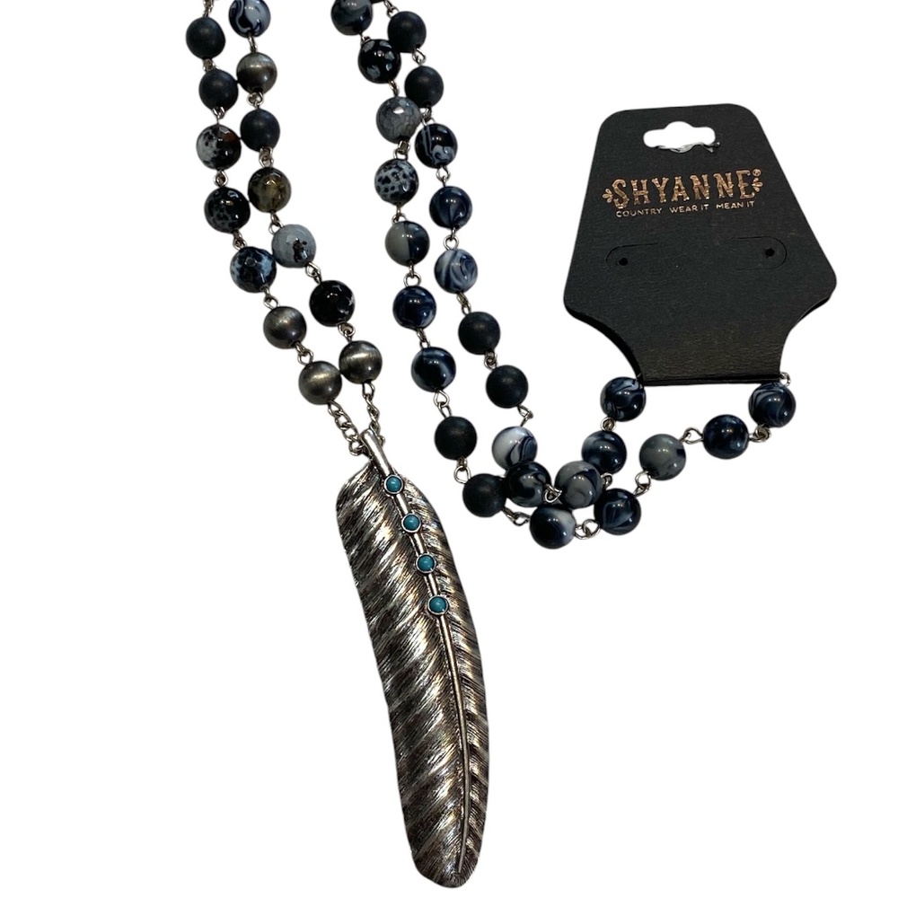 SHYANNE Western Style Beaded Pendant Necklace with Feather and Turquoise Accent